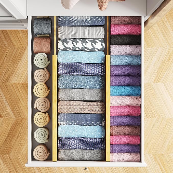 SpaceAid Bamboo 4 Pack Dresser Drawer Dividers, 4.65“ High Adjustable 17“-22” Drawer Organizers, Expandable Organization for Clothing, Clothes, Dressers, Natural