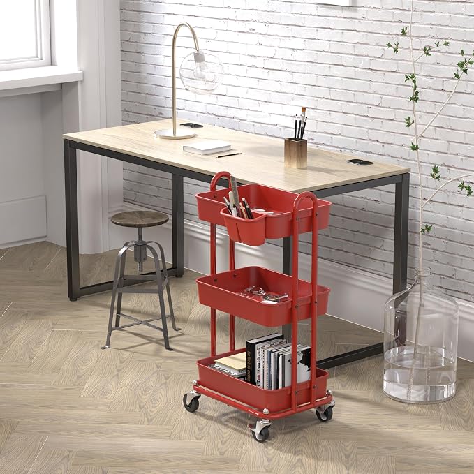 Simple Houseware 3-Tier Rolling Utility Cart with Hanging Bucket, Red | Storage for Bathroom, Kitchen, Office, Study Room, Nursery Diaper