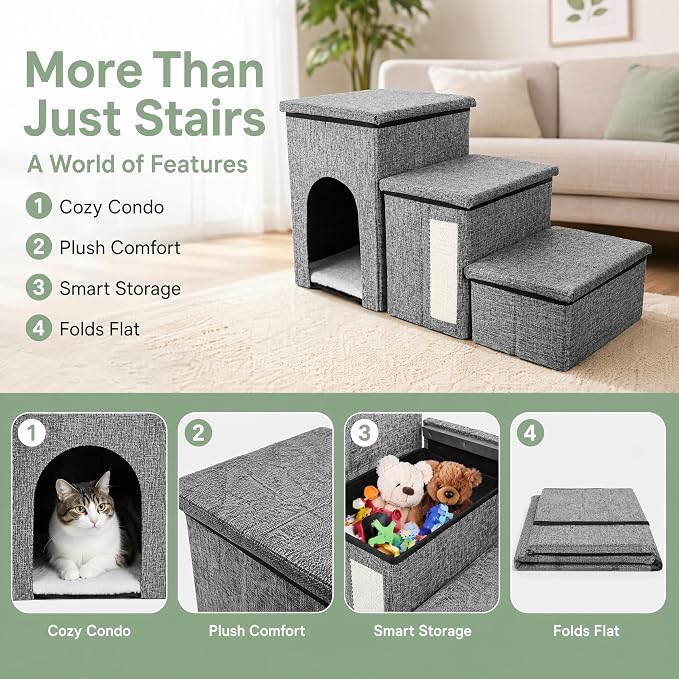 Dog Stairs for Small Dogs, 3 Tiers Dog Step with Storage, Foldable Older Cat Ramp with Condo Cat Scratcher, Portable Pet Ladder for High Bed Couch Chair Car, Up to 165 Lbs, 17 Inch