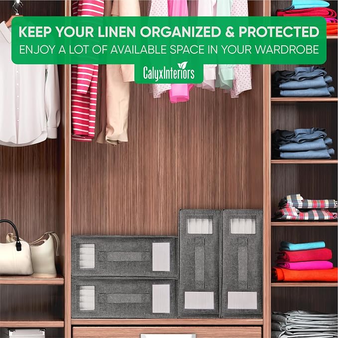 Calyx Interiors Bed Sheet Organizers and Storage | Set of 2 | Reinforced Handle & Zipper | Clear Window & Labeling Slot | Protect Linens from Dust, Moisture & Pet Hair (Queen/King Size, Soft Gray)