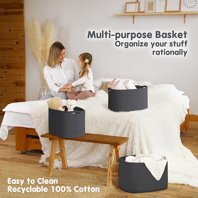 CHAT BLANC Cotton Rope Baskets for Organizing, Shelves, Toys, Storage, Shoe, Bathroom, Laundry, Towel, Nursery, Home Decor, Blanket, Cloth Woven Bins Fabric (Graphite, 15"x10"x9")