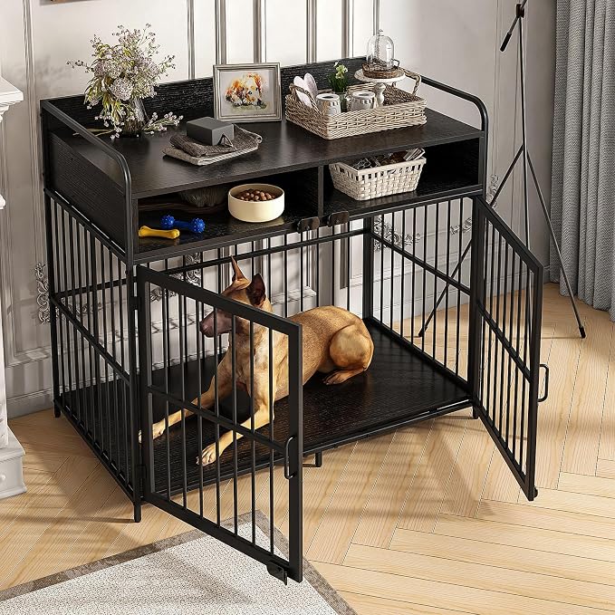 Large Furniture Dog Crate, Dog Kennel Indoor, Wood Dog Cage Table with Drawers Storage, Heavy Duty Dog Crate, Jaula para Perros, Sturdy Metal, 40.5" L×23.6" W×35.4" H, Black