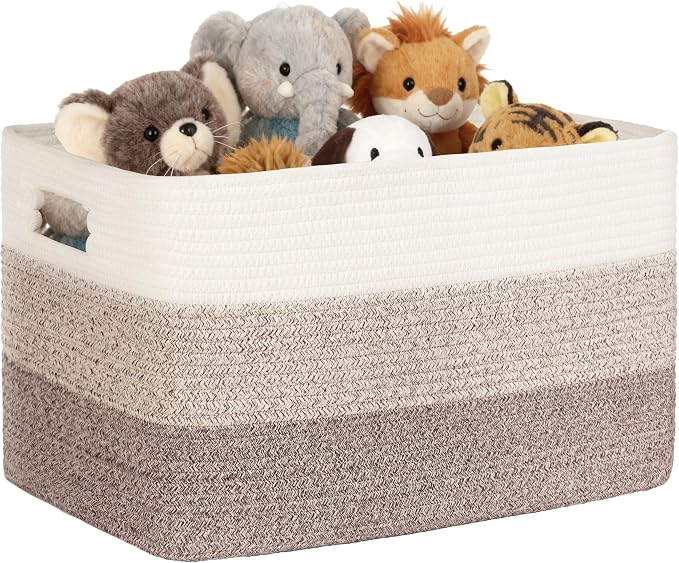 86L Large Woven Laundry Basket Hamper with Handles, Gradient Brown | collapsible wicker hamper, storage for dirty clothes, toys, blankets, gifts, living room, bedroom, bathroom, 24"x16"x14"