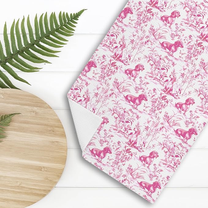 Nipi Pink Chinoiserie Dachshund Kitchen Towels, Pink Floral Botanical Dachshund Decorative Dish Tea Towels, Grandmillennial Weiner Dog Hand Towels for Kitchen Bathroom, 16x24 Inch