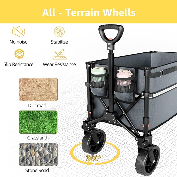 ROSONG Collapsible Wagon Cart with Wheels Foldable - Folding Utility Heavy Duty Wagons Carts for Grocery Sports Garden Shopping Camping Grey