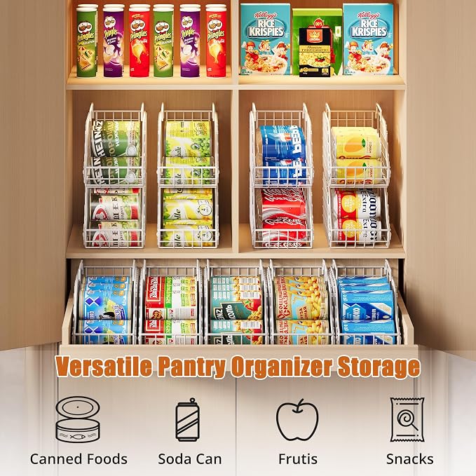Sonyabecca 4-Pack Stackable Can Rack Organizer for Kitchen Pantry，White | Soda Can Organizer and Food Storage Dispenser for Pantry Cabinets. Foldable Wire Rack Keeps Canned Food Organized