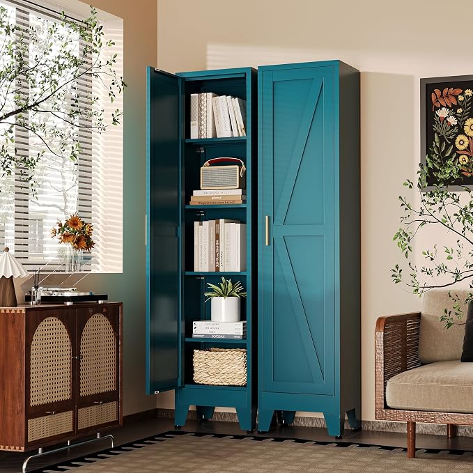 67" H Broom Closet Storage Cabinet,Metal Cleaning Cabinet,Narrow Storage Cabinets with 4 Adjustable Shelves,Slim Tall Floor Cabinet