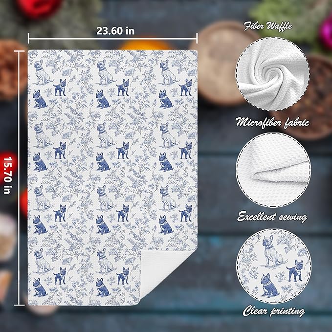 Chinoiserie French Bulldog Kitchen Towels, Blue and White Floral Botanical Grandmillennial Dog Decor Dish Tea Towels, French Bulldog Gifts Hand Towels for Kitchen Bathroom, 16x24 Inch