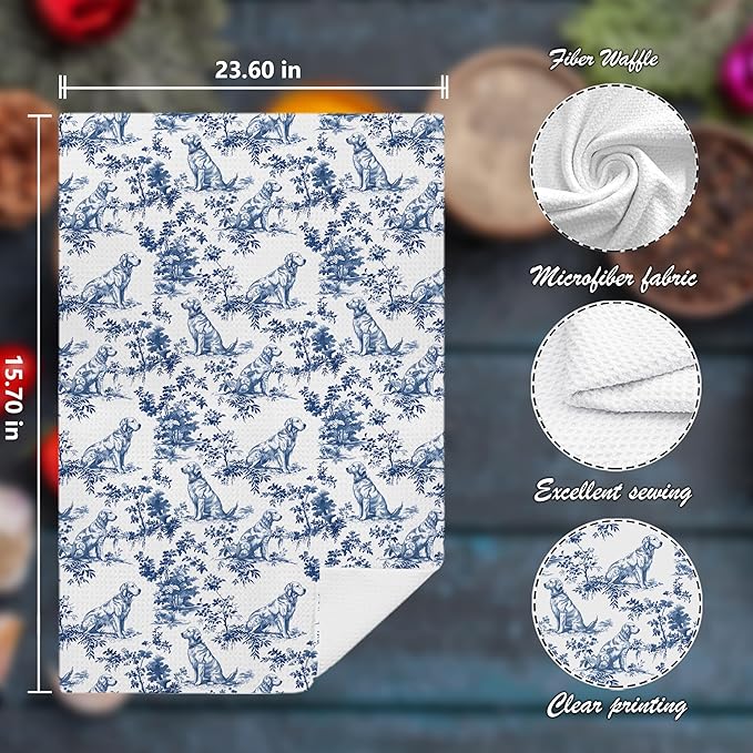 Chinoiserie Golden Retriever Kitchen Towels Set of 2,Pink and Blue Golden Retriever Gifts Decorative Dish Tea Towels,Grandmillennial Botanical Dog Hand Towels for Kitchen Bathroom,16x24 Inch