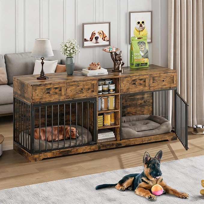 82" Wide Double Dog Crate Furniture for 2 Large Dogs - Heavy Duty Wooden Indoor Kennel TV Stand with 4 Storage Drawers & Open Shelves - Extra Large Pet Bed, Rustic Brown, Classic Color