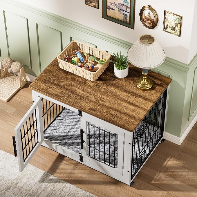 2 Pack Dog Crate Furniture,32'' Heavy Duty Kennel with Cushion & Wheels | White, Double Doors, Wooden Dog Cage, Chew-Resistant, End Table, Decorative, 27"/32"/38"/44" Options, Indoor