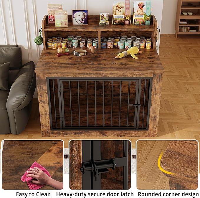 IRONCK 43.3" Extra Large Dog Crate Furniture with Storage Shelf | 10mm iron rods. Storage shelf and 4 hooks. 200 lb tabletop. 30"L x 43.3"W x 41.1"H indoor large crate