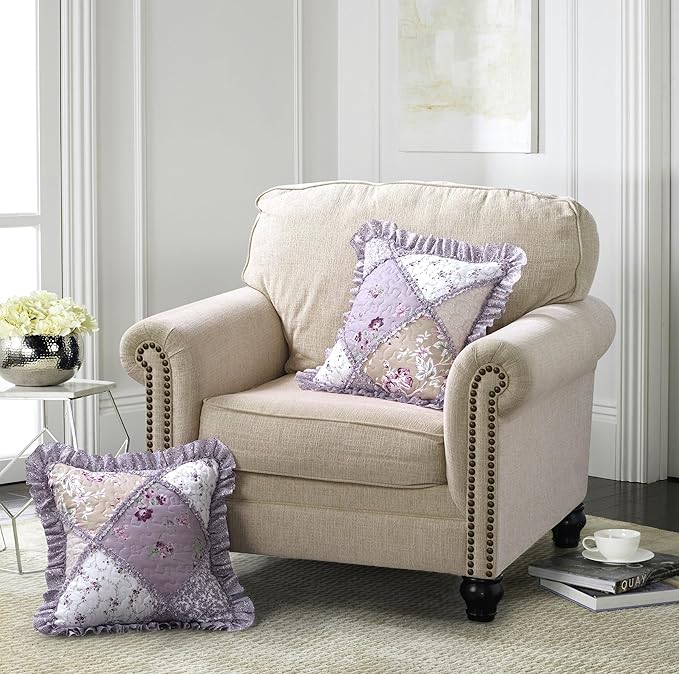 Brilliant Sunshine Lilac & Beige Roses Ruffle Pillowshams Set, 18"x18" | Patchwork Design with Ruffles, Quilted Pillow Covers, Washable Throw Cushion Cases for Couchs and Beds, Pack of 2