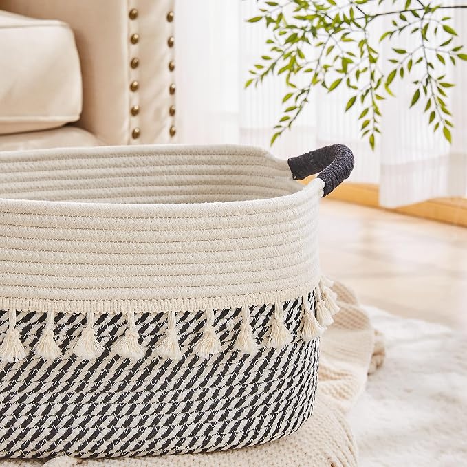 Storage Basket, Woven Baskets for Shelves, White/Black | 3 Pack Boho Cotton Rope Storage Baskets, 14" x 9" x 8", Home Organizer for Nursery, Holds Toys, Books & Towels