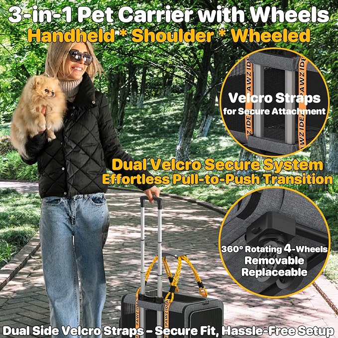 PAWZIDEA Expandable Pet Carrier with Wheels, TSA Airline Approved, Up 18lbs | 18x11x11 Underseat, Rolling Soft-Sided Carrier for Large Cats & Small Dog Travel Bag, Self-Locking Zippers, Telescopic Handle