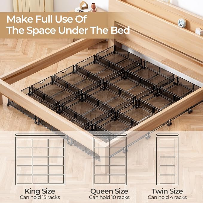 Yecaye Under Bed Storage with Wheels, 4 Pack Under Bed Shoe Storage, Black | Sturdy All-Metal Frame, Foldable, 360° Rolling Wheels, Tool-free Assembly, Underbed Storage Drawers for Shoes, Toys, Clothes