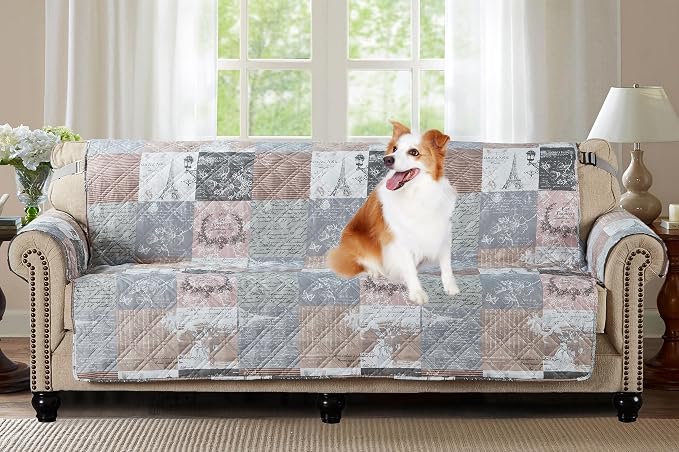 Brilliant Sunshine Latte Grey Paris & Toile Patchwork Couch Cover, 78" seat | Quilted Sofa Cover, Living Room & Bedroom Furniture Protector, Extra Large Washable Slipcover for Pets, Dogs & Cats
