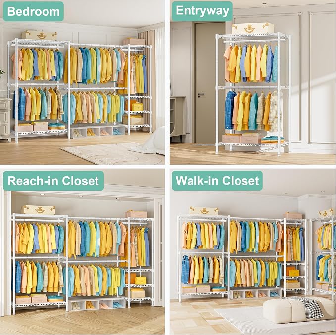 SEMHOR E01 Expandable Heavy Duty Clothes Rack, Free Standing Closet System | Adjustable Closet Organizers and Storage, Portable Garment & Clothing Racks for Hanging Clothes, 800LBS Max Load, White