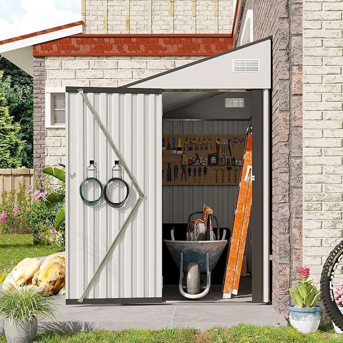 4x8FT Metal Storage Shed, Sloping Roof, Single Hinge Door, White | Outdoor Tool Shed | Ventilation Windows | Waterproof | Protective Film | for Patio, Lawn and Utility Equipment