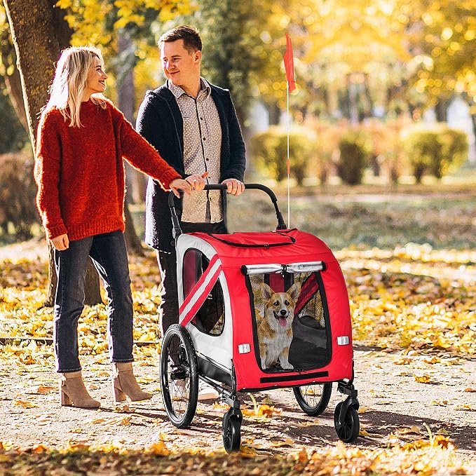 2-in-1 Pet Bike Trailer for Small Dogs, Road-Visibility Bicycle Stroller, Weather-Strong Bike Wagon Trailer Sidecar Attachment, Red