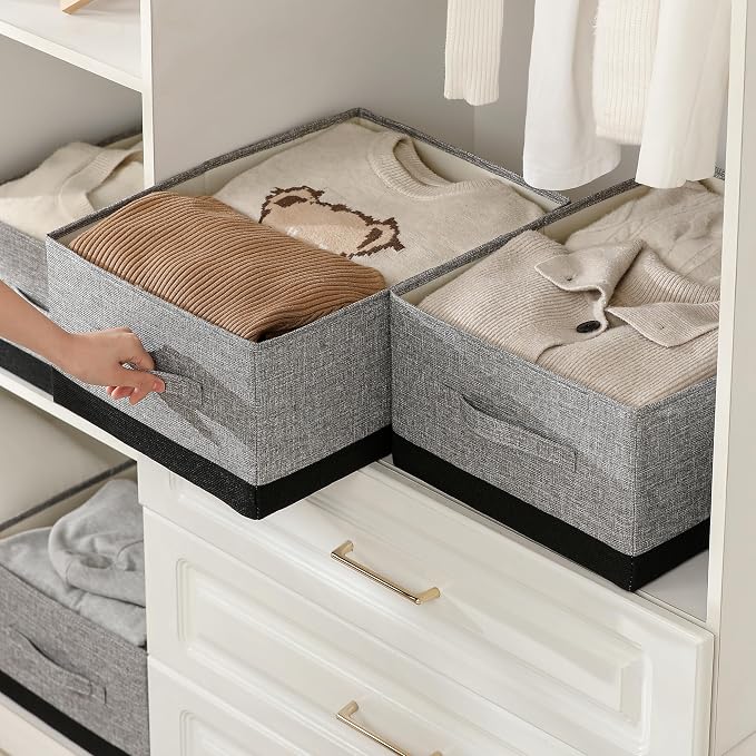 Linen Folding Storage Bins, 3 Pack Large Storage Baskets, Washable, Clothing Storage Bins with Handle, Closet Organizer for Storage Sweater,Sheets (gray black, 18½"x13½x8½)