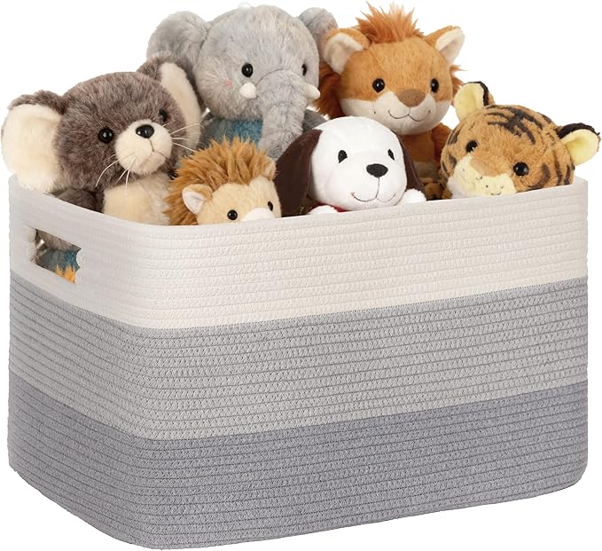 60L Woven Laundry Basket Hamper with Handles, Gradient Grey | collapsible wicker hamper, storage for dirty clothes, toys, blankets, gifts, living room, bedroom, bathroom, 21"x15"x11"