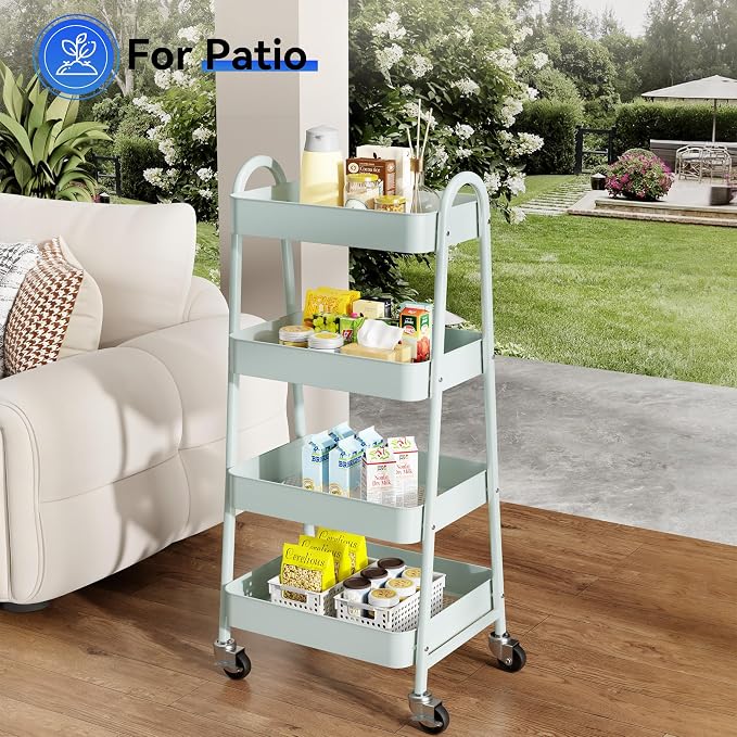 OLIXIS Metal 4 Tiers Rolling Storage Utility Cart with Lockable Wheels | Mobile Organizer Shelf, Space-Saving, Freestanding, Bathroom, Living Room, Slim, Narrow Corner Spaces, Green