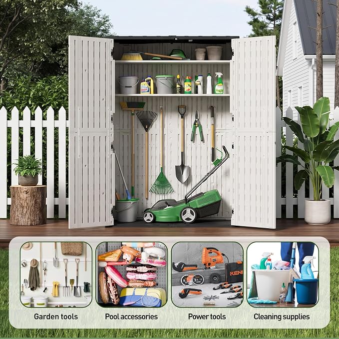 65 Cu.Ft Resin Outdoor Storage Shed with 2 Shelves & Floor, Weatherproof Plastic Vertical Outdoor Storage Cabinet for Garden Backyard Patio Pool Tool