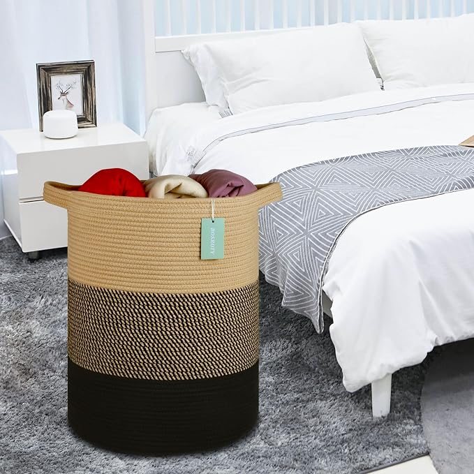 Cotton Rope Blanket Basket, 72L Tall Laundry Hamper, Brown & Black