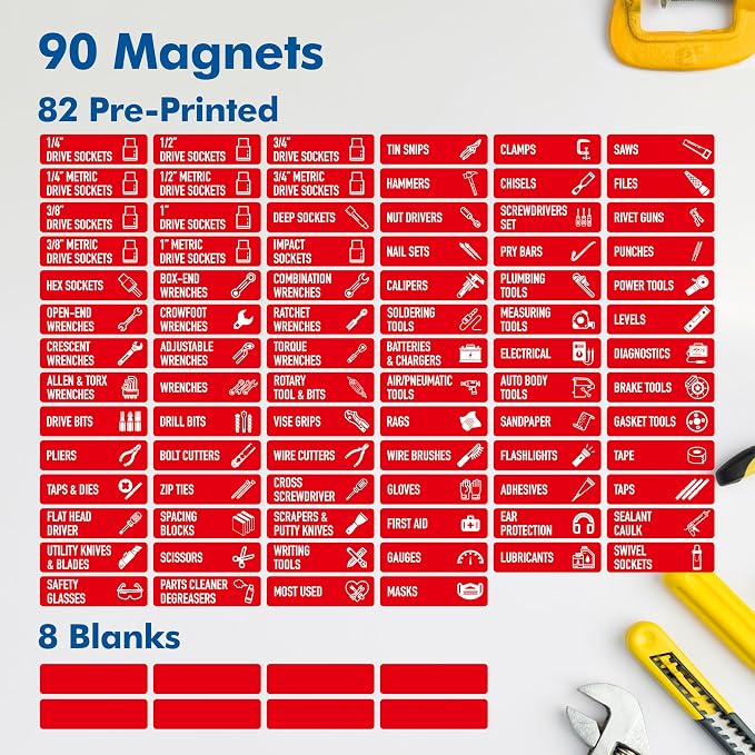 90 PCS Magnetic Toolbox Labels, 82 Pre-Printed & 8 Blanks Large Size Tool Chest Organizer Labels Strong Magnetic & Easy to Read Printing Fits All Brands of Steel Tool Box Drawers (Red, 3.5” x 1”)