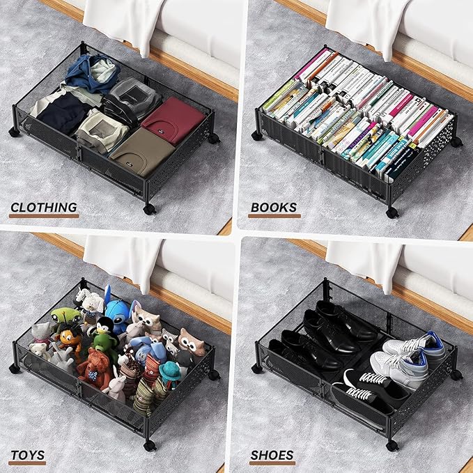 Under Bed Stroage Container with wheels,Patterned,Metal,2 Pack,Black | Tool-free assembly, glide smoothly, easy reach, foldable, maxmazie low-profile beds, dorm, keep seasonal clothes, shoes fresh