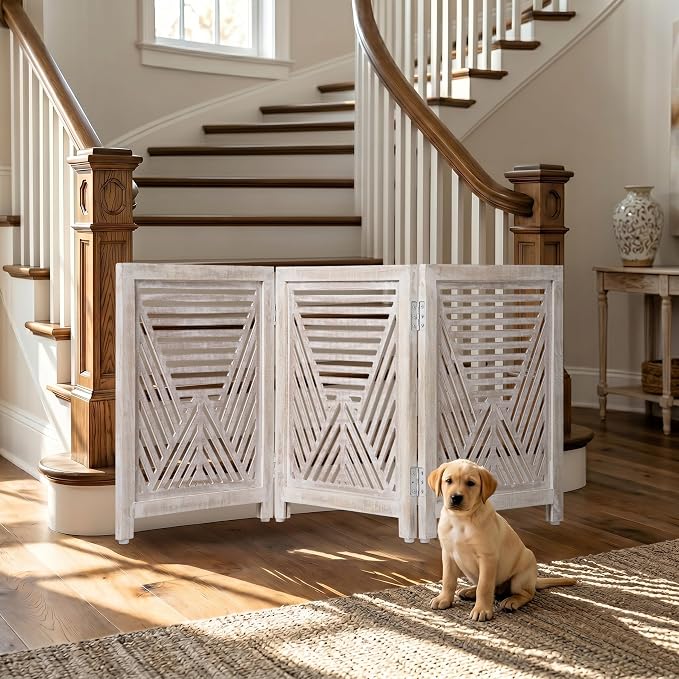 Lightnpro 3-Panel Carved Wooden Dog Gate – 54 Inch Foldable Freestanding Pet Barrier, White Wash Indoor Safety Fence for Small Dogs & Puppies – 24x18 Inch Panels