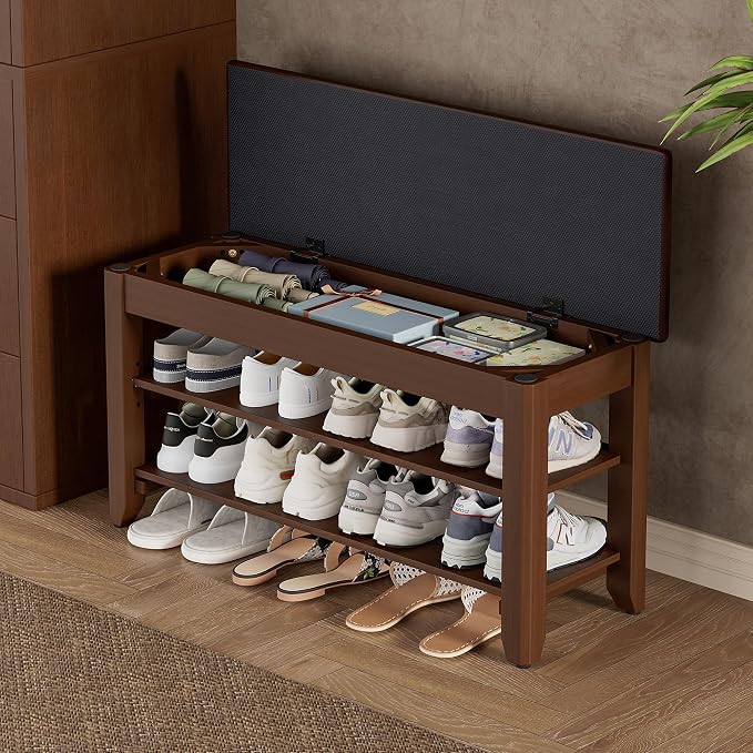 Homleke 31.5" Wide Solid Wood Shoe Rack Bench with Flip-Top Storage | 2-Tier Entryway Bench with Cushion, Adjustable Shelf, Holds Up to 8 Pairs, for Hallway, Bedroom and Closet, Walnut