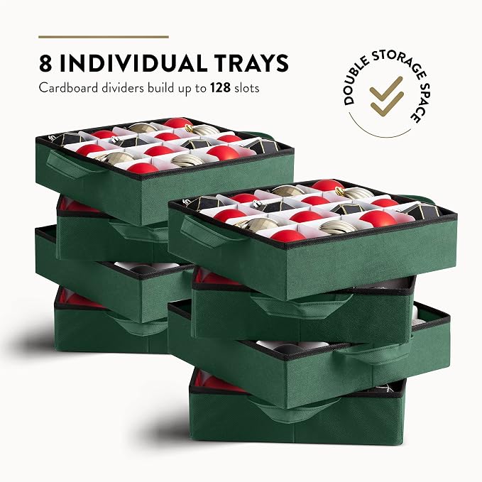 ZOBER Christmas Ornament Storage Box - Stores 128 3" Ornaments with Individual Trays - Tear Proof 600D Oxford Fabric - ornament organizer storage box, Durable Christmas Containers Holder - Green