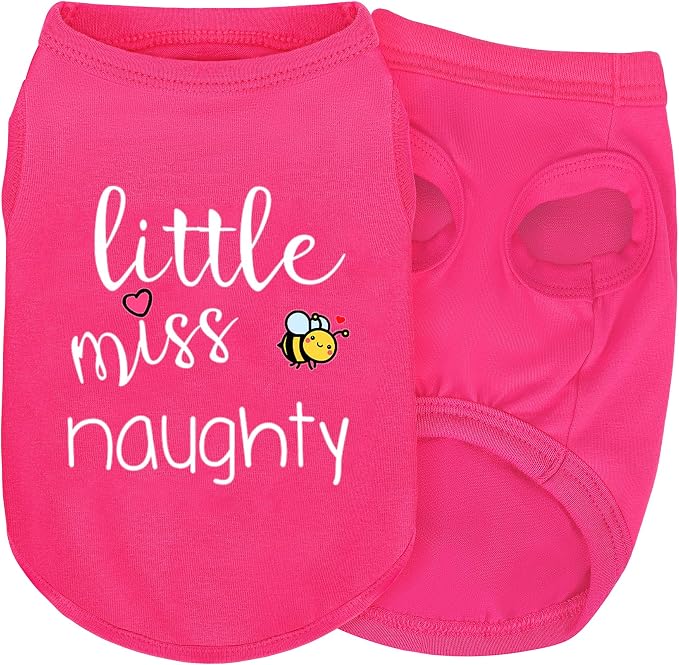 Pink Cotton Dog Shirt with 'Little Miss Naughty' Bee Print, Soft & Breathable Pet Apparel for Small to Large Dogs, All-Season Sleeveless Vest, Cute and Comfortable Dog Outfit.Pink M
