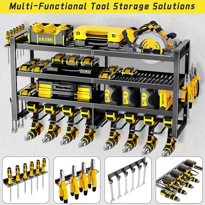 Power Tool Organizer Wall Mount,4 Layers Heavy Duty | Storage Rack with 8 Drill Holder, Easy Installation, Tool Organizer Wall Mount for Garage Workshop and Home Organization.