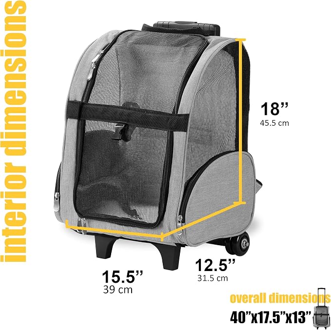 Deluxe Backpack Pet Travel Carrier with Double Wheels for Pets up to 18 Pounds - Grey