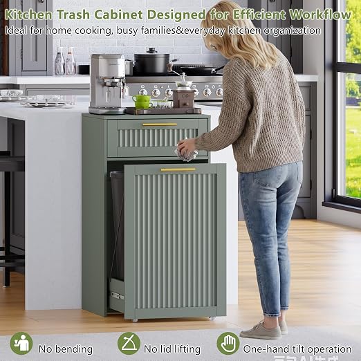 Single 13 Gallon Pull Out Trash Can Cabinet with Drawer, Garbage Cabinet | Pet Proof Hidden Trash Storage, Fluted Farmhouse Design, Space-Saving Kitchen Organizer, Dining Room Storage,Green