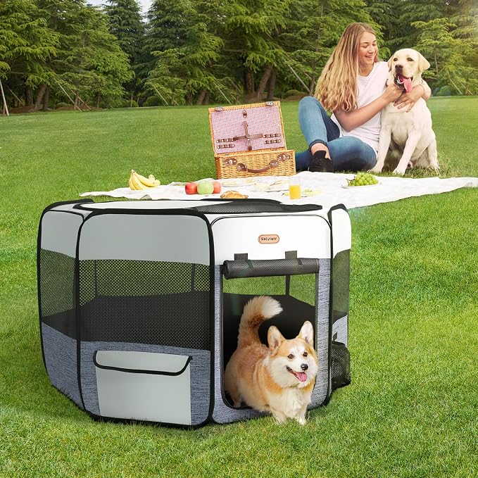 Seiyierr Dog Playpen, Portable Pet Play Pen Foldable Carrying Case, Puppy Pens Outsid for Small Cat Indoor/Outdoor, Removable Mesh Shade Cover