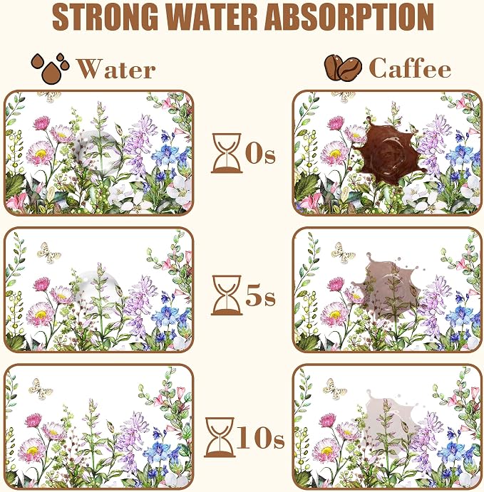 Watercolor Flower and Butterfly Dish Drying Mat for Kitchen Counter Absorbent Coffee Mat with Hide Stain Rubber Backed Espresso Machine Coffee Bar Accessories 11.8 x 19.7 Inch