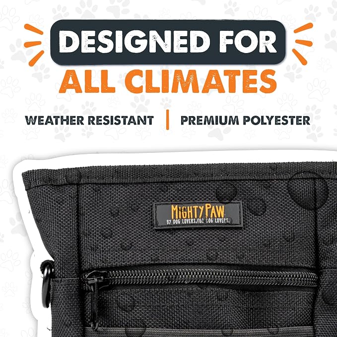 Mighty Paw Dog Training Treat Pouch, No-Spill Magnetic Clasp, Black | Adjustable Belt Sling, Waist Pack or Fanny Pack, Hands-Free Wear, Poop Bag Holder, 4 Pockets, Made in USA