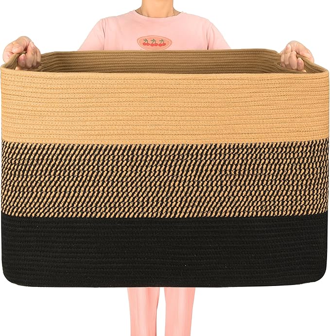 112L Extra Large Blanket Basket Holder Living Room, 25"x17"x16" Rectangle Rope Woven Storage Basket with Handles for Laundry, Pool Towels, Shoes, Dog Toy Organizer Bin Box, Black Jute
