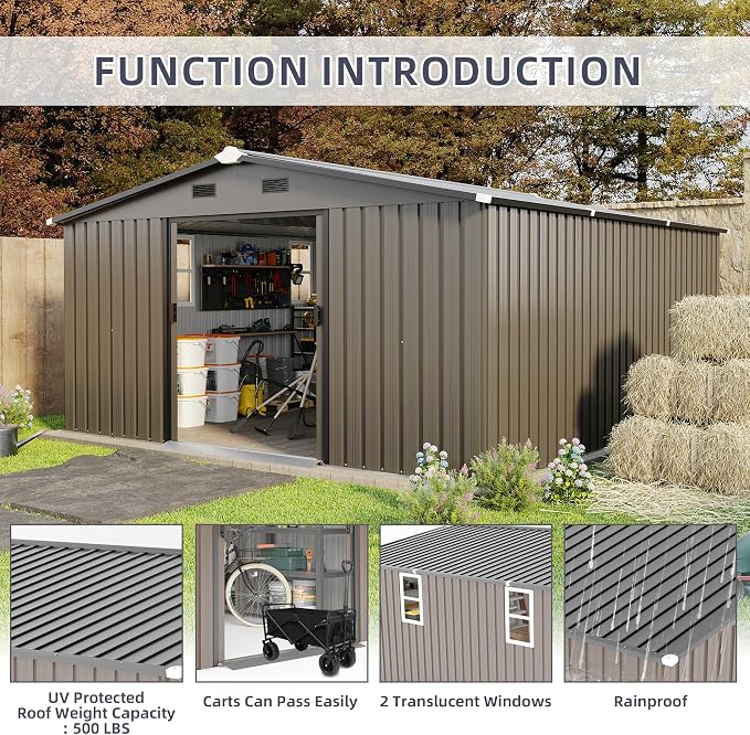 10x12 FT Outdoor Metal Storage Shed, Large Storage Shed with Two Daylight Windows, Outdoor Tool Shed with 0.23mm Color Steel Plate and Surface Protective Film, Brown
