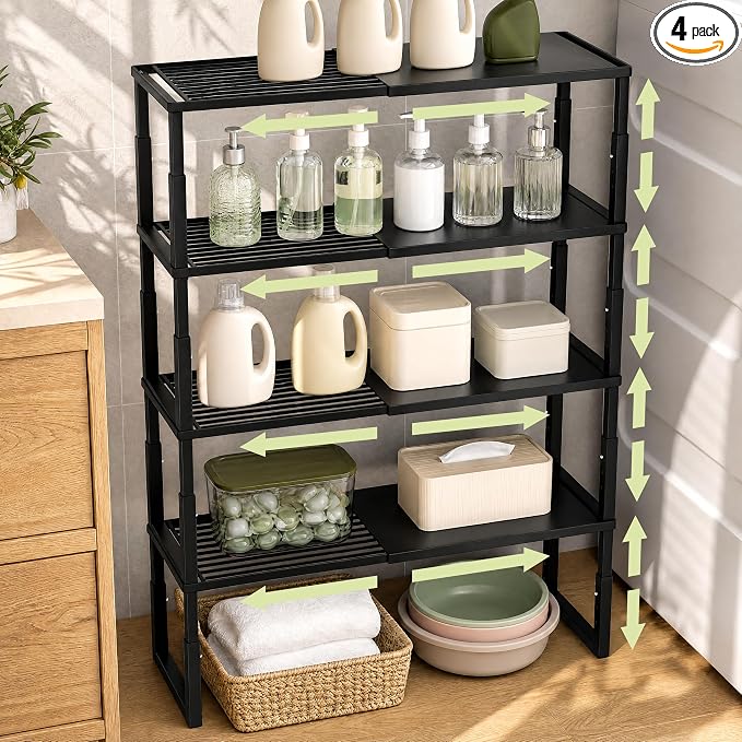 Cabinet Shelves, 4 Pack Stackable Shelves for Pantry Storage | Expandable & Height Adjustable Cabinet Organizer Shelf | Metal Shelf Organizer | Black Spice Rack for Pantry Storage