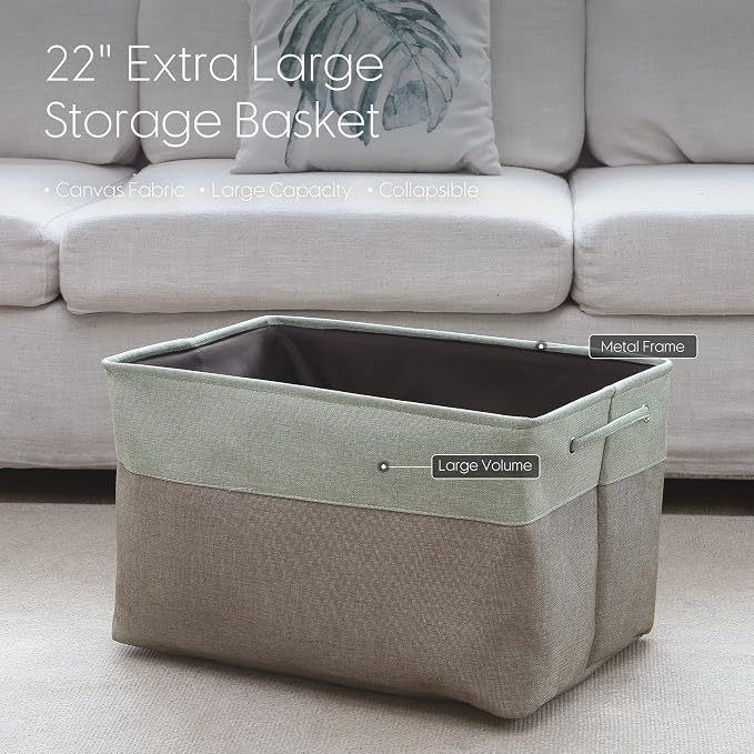 Sea Team Oversized Rectangle Canvas Open-Top Storage Baskets, 3-Pack | Collapsible Fabric Storage Bins with Handles, Closet Shelf Organizers, 22 x 15 x 13 Inches, Olive & Lime