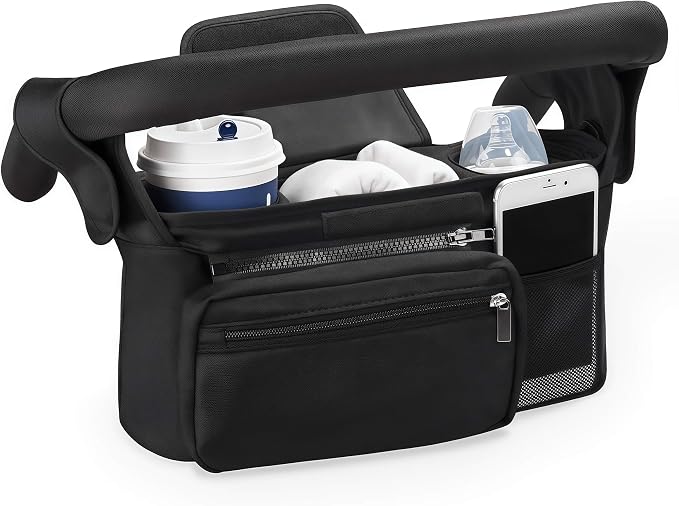 Compact Universal Stroller Organizer: Insulated Cup Holders, Detachable Phone Pouch + Shoulder Strap, Ideal for Parenting Journeys (Black)