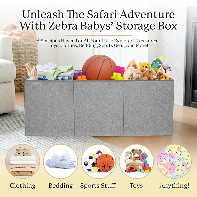 Zebra Baby Extra Large Toy Box Chest for Kids — Collapsible Toy Storage Organizer with Lid, 40" Wide, Removable Dividers, Boys & Girls