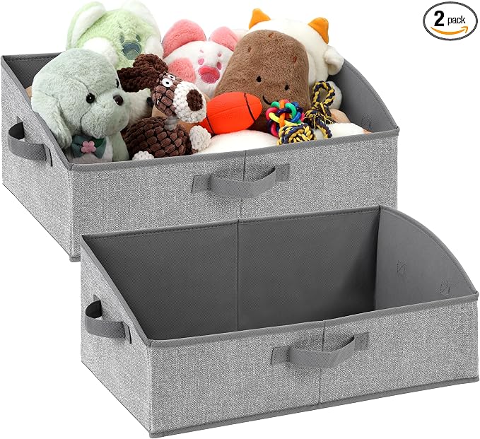 2 Pack Dog Toy Basket, Collapsible Dog Toy Bin with Handles, Gray | Large Capacity Trapezoid Toy Box for Living Room Area, Low Front for Short-Legged Dogs, Organize Pet Supplies & Home Storage