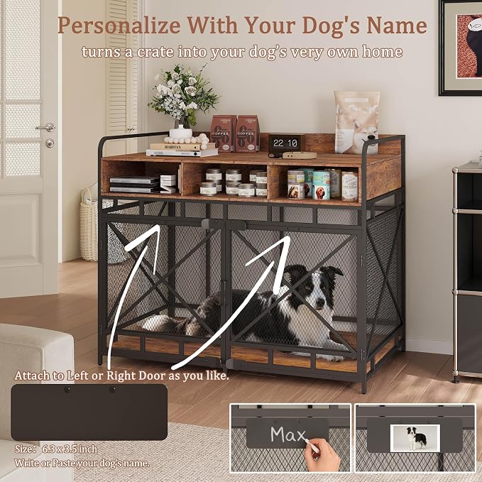 Fulhope Dog Crate Furniture, 48" Heavy Duty Wooden Dog Crate End Table, XL Dog Kennel Furniture Large Breed, Decorative Dog Kennel Indoor with 3 Drawers & Steel Tubes 48" L x28 W x38 H (Rustic Brown)