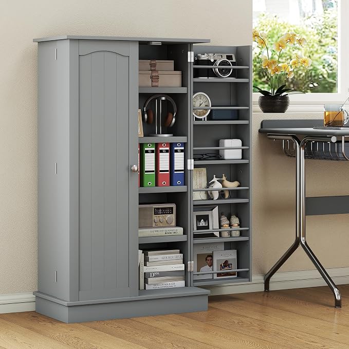 HOMCOM 41" Kitchen Pantry Storage Cabinet 12 Door Shelves Double Doors Gray | Freestanding Kitchen Cabinet, 2 Doors, 5-Tier Shelving, Adjustable Shelves